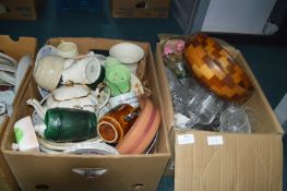 Two Boxes of Glassware, Pottery, and Wooden Bowls