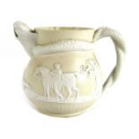 A late 19thC relief moulded hunting jug, with serpent spout and handle, traditionally moulded with a