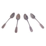 Four George IV silver fiddle pattern teaspoons, each bearing the initial W, three Morris & Michael