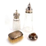 A group of small silver wares, comprising a George V silver handled brush, Birmingham 1925, and