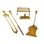 A set of three Victorian brass fire irons, comprising tongs, shovel and poker, and a trivet, etc.