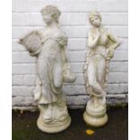 Two cast concrete figures, one of a lady carrying a basket of flowers and water jug, 70cm high,