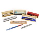 Pens and biros, to include a Squire Biro, a Mentmor 46 Biro, Parker Rollerball, fountain pen and