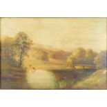 English School (19th Century). Castle and lake scene, oil on canvas, possibly L Roberts, oil on