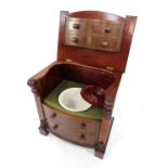 A Victorian mahogany bow front commode, the hinged top opening to reveal a seat with pottery bowl