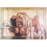 A large print of draped lady on sofa, print on board, in matched outer frame, 63cm x 100cm.