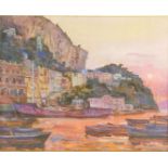 Continental School (20th Century). Mediterranean coastal town with cliff and boats, oil on canvas,