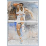 20thC School. Daley Thompson, Runner 398, watercolour, monogrammed SR and dated 87, 70cm x 48cm.