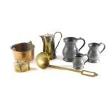 19thC and later copper, brass and pewter wares, comprising a graduated set of three pewter tankards,