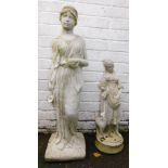 Two cast concrete garden figures, each depicting women, one carrying spice jar, on a square base,