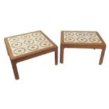 Two G-Plan tile top teak occasional tables, one set with nine brown tiles, the other with six tiles,