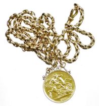 A Queen Victoria 1893 gold double sovereign, pendant mounted, on a four strand belcher chain with