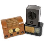 A GEC brown Bakelite Art Deco portable heater, 26cm wide, a Philco radio in a black Bakelite case,