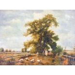 Vanderbilt (20th Century), Country landscape with figures and sheep, oil on canvas, signed, 29cm x