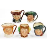 Five Royal Doulton character jugs, all with back stamp A, ranging from 7.5cm to 8.2cm.