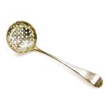 A George III silver sifter spoon, the plain handle with a H monogram and a pierced bowl, Smith &