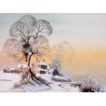 R Allcock Bowden. Winter landscape with trees, cottages, watercolour heightened in white, 32cm x