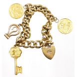 A 9ct gold curb link charm bracelet, with two charms and two half sovereigns, Queen Victoria 1900