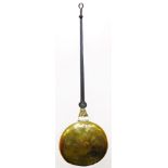 A George III brass warming pan, the pan with pierced decoration, with a shaped wrought iron handle,
