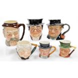 A group of six character jugs, including Beswick Mr Pickwick, Captain Cuttle, Sandland ware Sir John