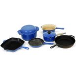 Le Creuset blue enamel saucepans, frying pan, griddle pan, casserole, etc. (a quantity)