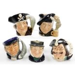 Five Royal Doulton character jugs, comprising Tam O'Shantar D636, Long John Silver D6386, Captain