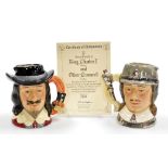 Two Royal Doulton character jugs, King Charles I D6985, and Oliver Cromwell D6986, with certificate,