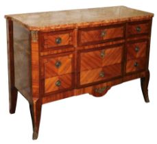 An early 20thC French kingwood break front commode, with a rectangular variegated red marble top