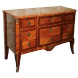 An early 20thC French kingwood break front commode, with a rectangular variegated red marble top