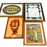 A Caffrey's Ales advertising mirror, a Carte Des Feins advertising mirror, a reproduction Cadburys