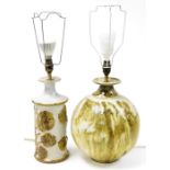 A studio pottery globular table lamp base with brass fitting, the lamp 31cm high, and another studio