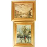 20thC School. Parisian street scene, oil on canvas, indistinctly signed, 25cm x 19.5cm, and Venetian