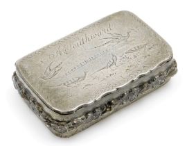 A 19thC pewter snuff box, the hinged lid inscribed A Southward, above a scene of pheasants within