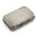 A 19thC pewter snuff box, the hinged lid inscribed A Southward, above a scene of pheasants within