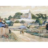 Henry Samuel Merritt (1884-1963). Country lane with farmer and horse, watercolour, signed, 26cm x