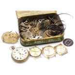 A group of watch parts, wristwatches and pocket watches, Services Army pocket watch, Dimetron