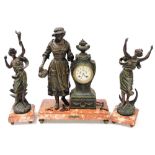 A French late 19thC spelter and marble clock garniture, by Martie et Cie, the circular cream