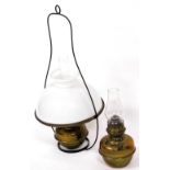 A Young's brass hanging oil lamp, with glass chimney and white glass shade, 68cm high, together with