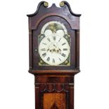 A mid 19thC longcase clock, the arched dial painted with a thatched cottage, flowers and Asiatic