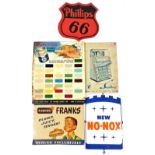 A group of tin and enamel signs, to include a Phillips 66 shield shaped road sign, 34cm x 34cm, No-N
