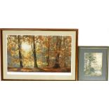 After David Shepherd. Autumn, coloured print, 48cm x 41cm, and an early 20thC watercolour of a rural