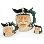 Three Royal Doulton character jugs of Viking, in three sizes D526, D6502, and D6496, 6.4cm, 10.2cm