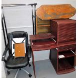 A group of furniture, to include an office desk, office swivel chair, an oak freestanding bookcase