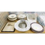 A Ragnas London slipper bed pan, another, Star Inn Alfreton etching, 9cm x 14cm, various plates,