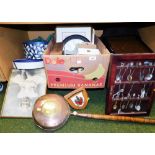 A copper warming pan, various cased souvenir spoons, wall clock, carved oak trinket box, hat box,
