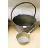 A large brass jam pan, 32cm diameter, and a small saucepan with a metal handle.