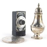 A Victorian two sided medallion, 6cm diameter, silver pepper pot, 1½oz, and a Corfield light meter.