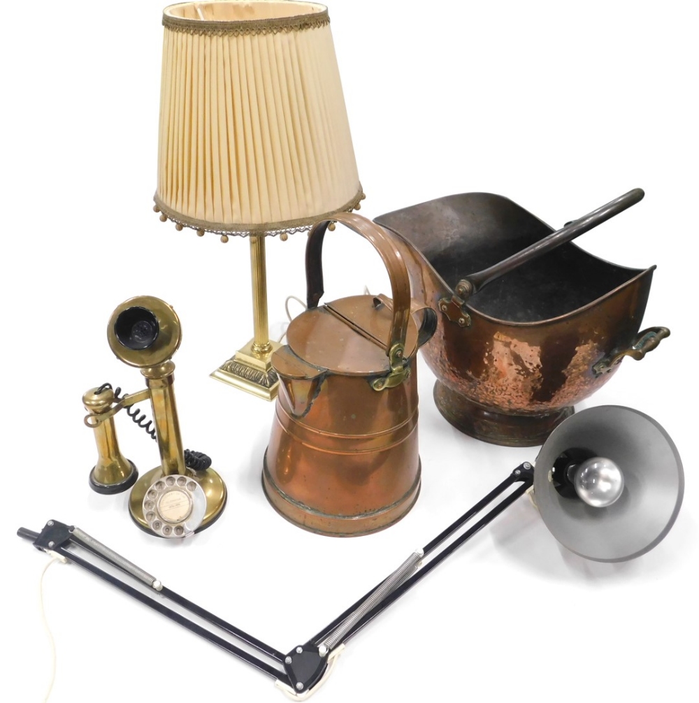 Metalware, brassware, etc., a brass table lamp with material shade, 54cm high, a modern Anglepoise l