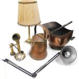 Metalware, brassware, etc., a brass table lamp with material shade, 54cm high, a modern Anglepoise l