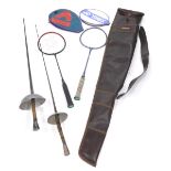 A Smyth Bros Coleraine leather finish gun case, a pair of fencing foils, squash racquets, etc. (a qu